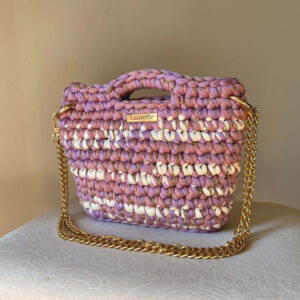 Sac Laurette petit format rose, violet et blanc avec fil doré et chaine doré