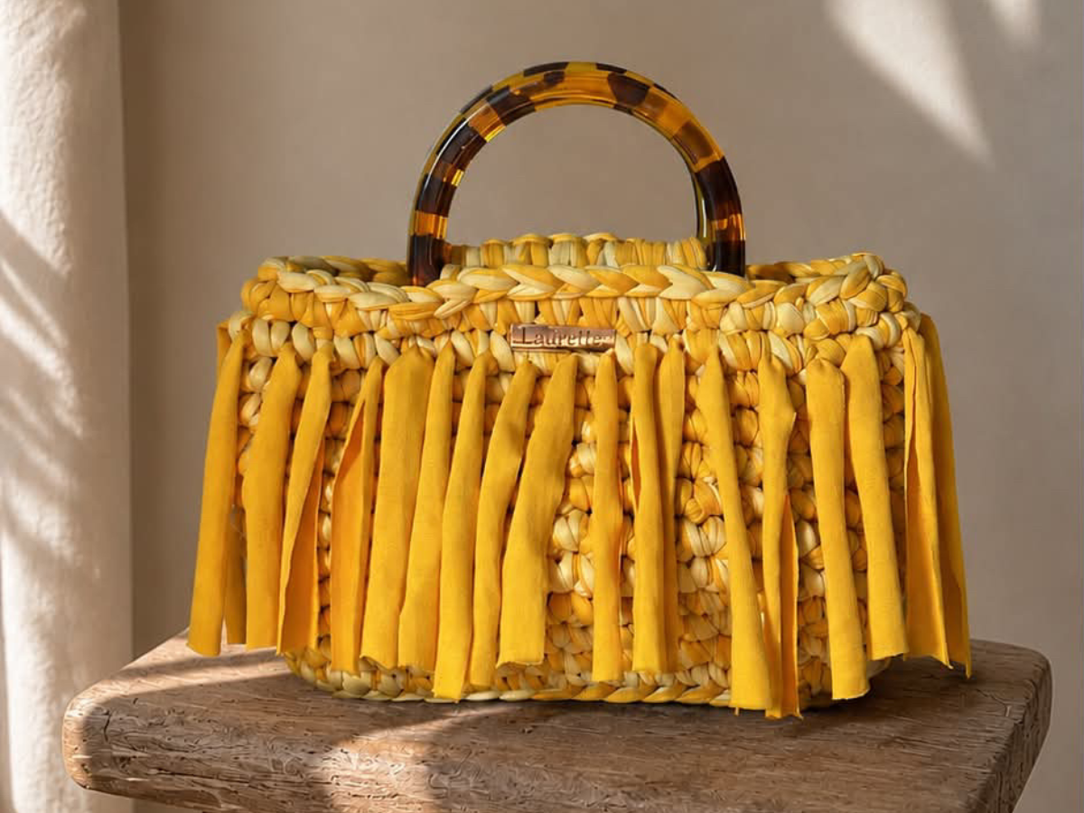 Sac Marie en crochet jaune moutarde avec anse ronde effet écaille de tortue - Laurette Créations